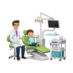 Dentist examining a child patient in a dental chair, isolated on transparent background