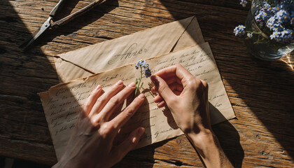Hands carefully preserving delicate forget-me-not flowers on a vintage handwritten letter, evoking cherished memories