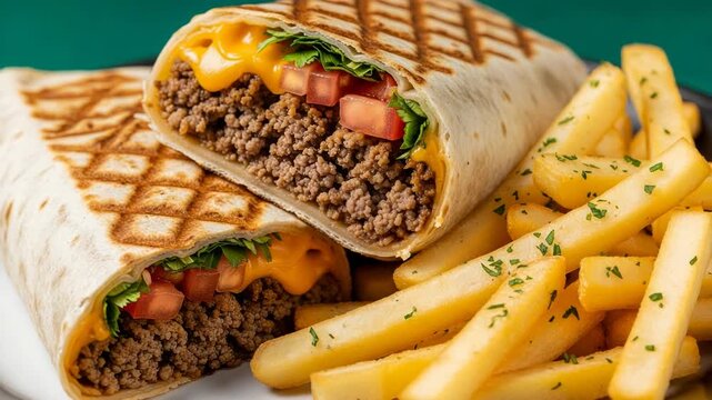 Delicious wrap sandwich with ground beef, cheese, and fries