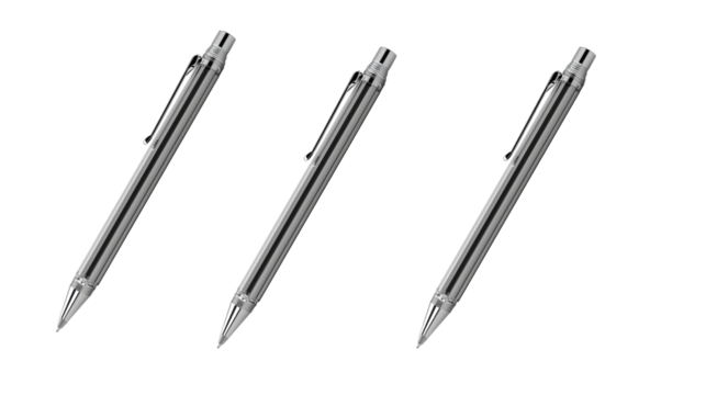 Set of silver pens aligned in diagonal row

