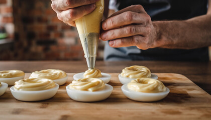 Preparing delicious deviled eggs with creamy filling being piped onto egg whites