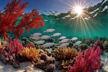 Fototapeta premium Underwater Paradise: A vibrant underwater scene reveals a bustling coral reef teeming with life, where sunlight dances on the surface. schools of fish. a mesmerizing display of nature's artistry.