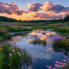 A cinematic photograph of calm wetlands surrounded by vibrant wildflowers in full bloom, fluffy pastel clouds reflecting softly on shallow pools,