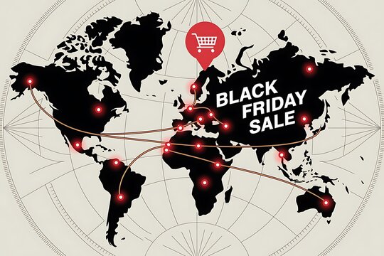 Global black friday sale event worldwide map connected shopping destinations global business commerce - Powered by Adobe