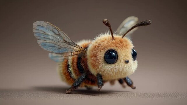 Colorful furry bee with big eyes buzzing in a soft, textured environment