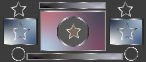 Colorful metallic shapes and stars create a modern abstract design.