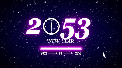 New year 2053 festive greeting text animated with particle background.Loading complete from 2052 to 2053.Timer count new year concept