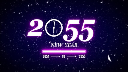 New year 2055 festive greeting text animated with particle background.Loading complete from 2054 to 2055.Timer count new year concept
