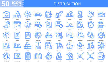 distribution icon collection set. Containing Warehouse, logistics, Shipping, Inventory, Route, Transport icon