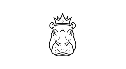 Detailed black and white hippo king mascot head flat illustration