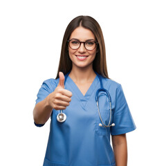 Nurse in blue scrubs giving a thumbs up isolated on white isolated on transparent background