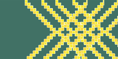 Abstract pixelated yellow sunburst or star pattern on a dark green background.