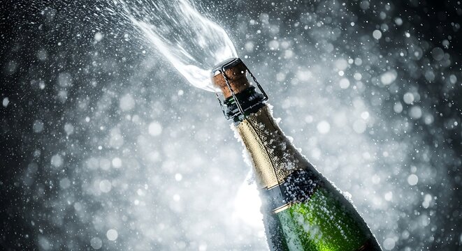 Close up of a champagne bottle exploding with a spray of bubbly liquid and foam against a dark background