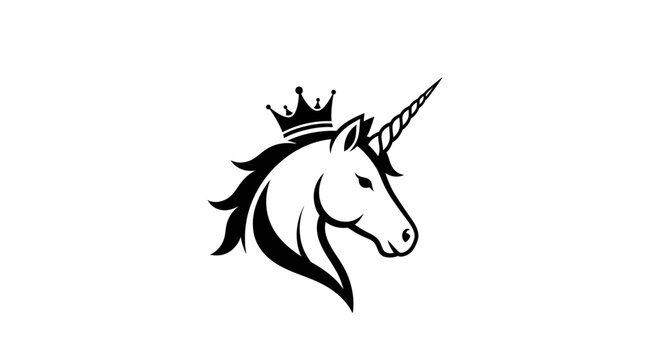 Stylized black and white unicorn head logo with a crown flat illustration
