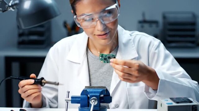 Engineer Soldering Electronic Component in Workshop