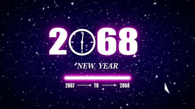 New year 2068 festive greeting text animated with particle background.Loading complete from 2067 to 2068.Timer count new year concept