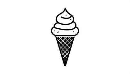 Black and white outline of a swirled soft serve ice cream cone with a waffle pattern on a white background