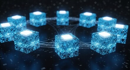 Glowing blue digital cubes connected intricate circuitry fiber optic lines, for decentralized network, blockchain technology, secure data transfer in futuristic concept