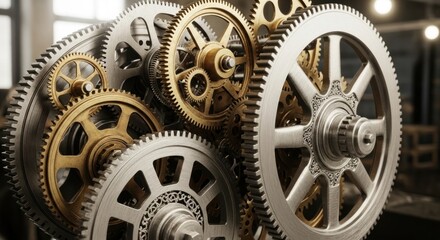 Intricate industrial gears meshing together in complex mechanical system, for teamwork, precision engineering, interconnectedness, seamless operation machinery technology in manufacturing.