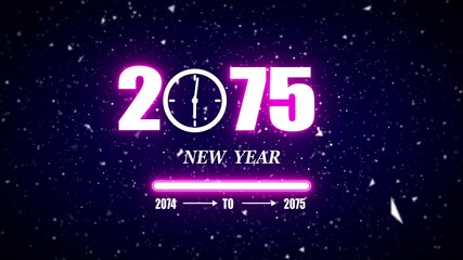 New year 2075 festive greeting text animated with particle background.Loading complete from 2074 to 2075.Timer count new year concept