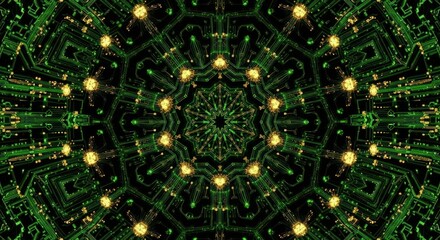 Abstract digital circuit board pattern with glowing green lines yellow nodes, for artificial intelligence, data flow, complex networks, modern technology concepts in intricate digital design