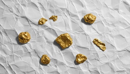 Natural Gold Nuggets Scattered on Crinkled White Paper Background