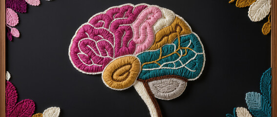 Handmade crochet yarn brain anatomy model knitting blackboard. This colorful and creative art craft for science, education, and neurology study