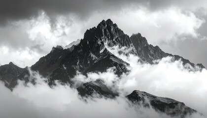 Dramatic mountain peak shrouded in dramatic storm clouds and atmospheric fog on a moody overcast day with sharp rocky textures and bright snow highlights
