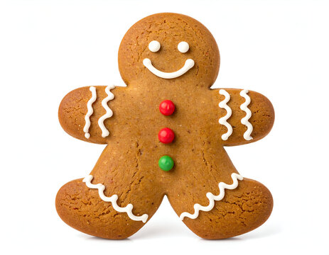 A freshly baked gingerbread man cookie with a cheerful icing smile and candy buttons, isolated on a clean white background