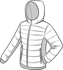 “Technical hooded puffer jacket illustration, quilted winter outerwear sketch, insulated fashion apparel template, clothing construction drawing, vector design mockup”