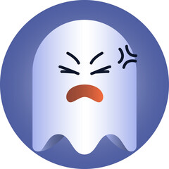 Cute cartoon ghost character expressing anger with furrowed brows and an open mouth against a gradient purple circular background representing Halloween spirit and emotions