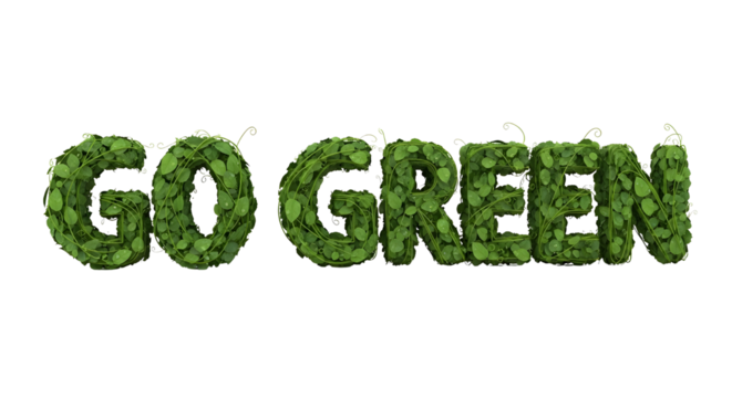 Go Green environmental sign made from lush green leaves promoting nature and sustainability isolated PNG with Transparent Background