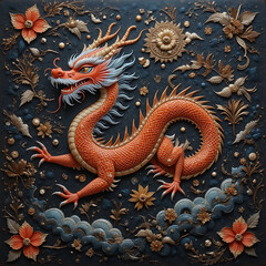 Fototapeta premium Celestial Dragon's Dance: An elaborate dragon design featuring a majestic creature, intricately adorned with detailed textures. A visual spectacle that embodies mythic beauty and celestial grace.