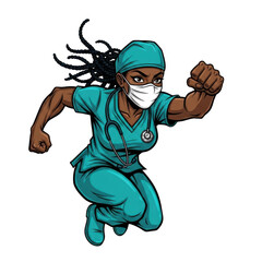 Superhero nurse leaping into action isolated on transparent background