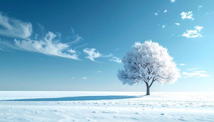 A solitary, snow-covered tree casts a shadow on a bright, white, snow-covered field beneath a clear blue sky