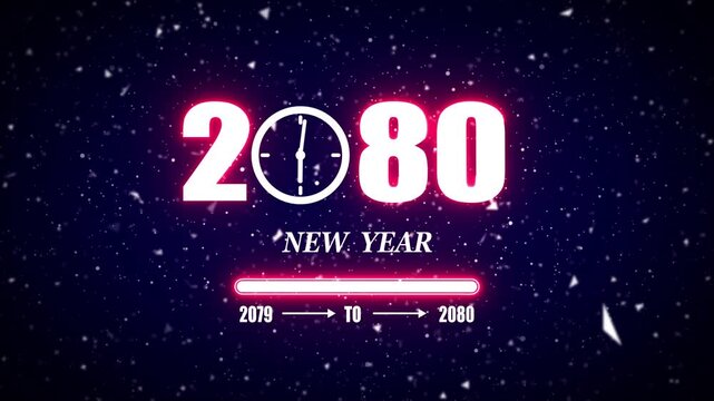 New year 2080 festive greeting text animated with particle background.Loading complete from 2079 to 2080.Timer count new year concept