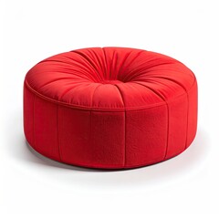 Round, red, cushioned ottoman; ridged top