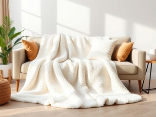 Cozy cream sherpa blanket draped over neutral sofa with pillows