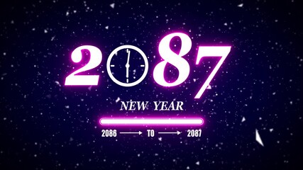 New year 2087 festive greeting text animated with particle background.Loading complete from 2086 to 2087.Timer count new year concept