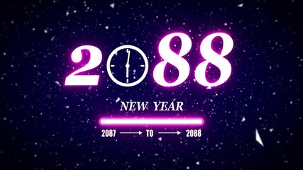 New year 2088 festive greeting text animated with particle background.Loading complete from 2087 to 2088.Timer count new year concept