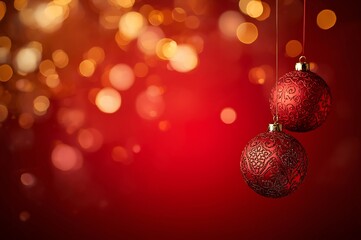 Festive red background with golden bokeh lights and two ornate red christmas ornaments hanging evoking holiday cheer and celebration