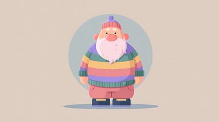 A cute 2D illustration of a dwarf character with a white beard wearing a colorful striped sweater and beanie hat