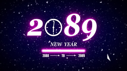New year 2089 festive greeting text animated with particle background.Loading complete from 2088 to 2089.Timer count new year concept