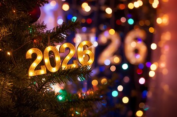 Golden illuminated numbers 2026 float in front of a blurred christmas tree with colorful bokeh lights creating a festive new year s eve atmosphere