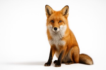 Obraz premium Red fox seated three quarter angle with ears forward and head slightly tilted calm wildlife studio on white