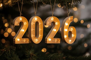 Illuminated marquee numbers spelling out the year 2026 hanging on a dark green christmas tree with bokeh lights