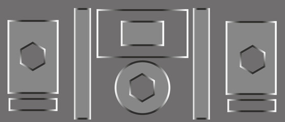 Abstract geometric shapes in grayscale featuring nested rectangles and hexagons