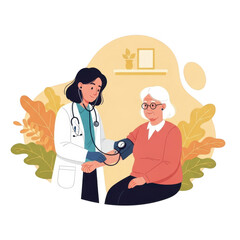 Doctor taking blood pressure of elderly patient isolated on transparent background