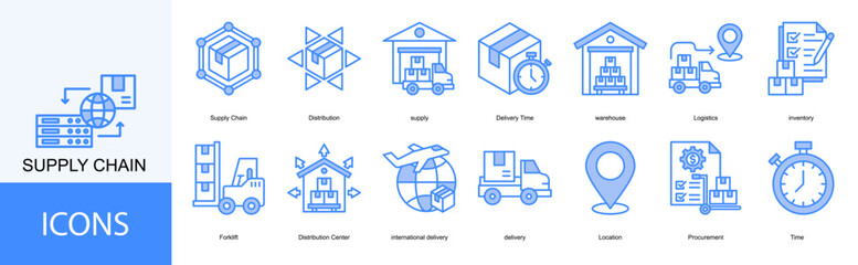 supply chain icon collection set. Containing Distribution, supply, Delivery Time, warehouse, Logistics, inventory icon