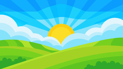 Obraz premium Vibrant Cartoon Landscape with Green Hills and Blue Sky 